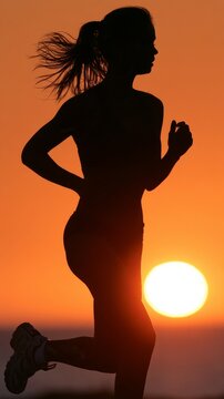 Young Woman Running in Silhouette at Sunset