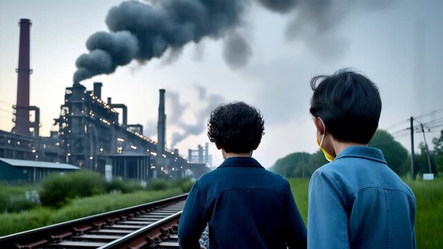 Children on background plant emitting dangerous gas problem people live polluted areas AI Generative