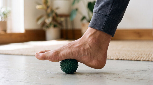 Person massaging foot with spiky green ball on wooden floor at home