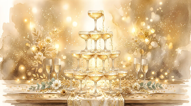 Elegant champagne glass tower pyramid for wedding celebration party isolated on a white background