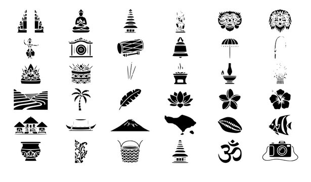 Bali Travel Traditional Signs Nature and Cultural Glyph Vector Icons