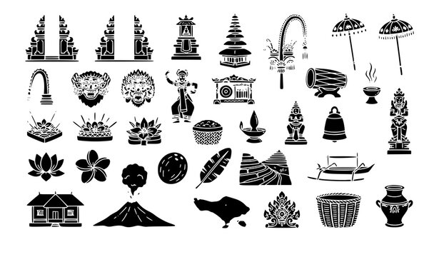 Balinese Traditional Cultural Objects and Tourism Glyph Icons