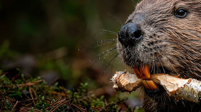 Macro Close-Up of a Wild Beaver Chewing on a Birch Wood Branch Showing Detailed Fur Texture and Orange Teeth in Natural Forest Habitat