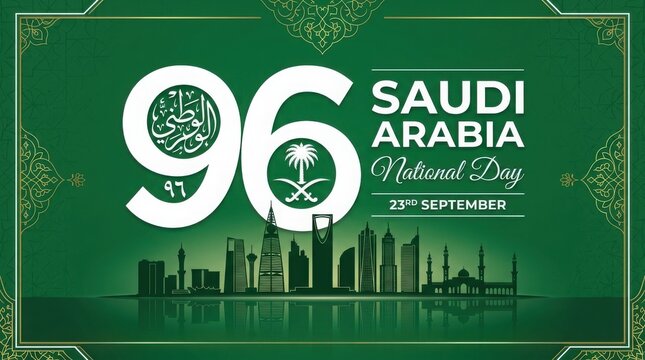 Saudi arabia national day 96th anniversary celebration banner with skyline illustration