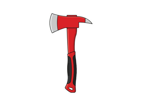 A vibrant red fire axe with a sharp metal blade and a black ergonomic handle.