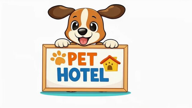 Playful cartoon puppy mascot holding a pet hotel sign and tilting playfully on a white background for friendly pet boarding branding animation.