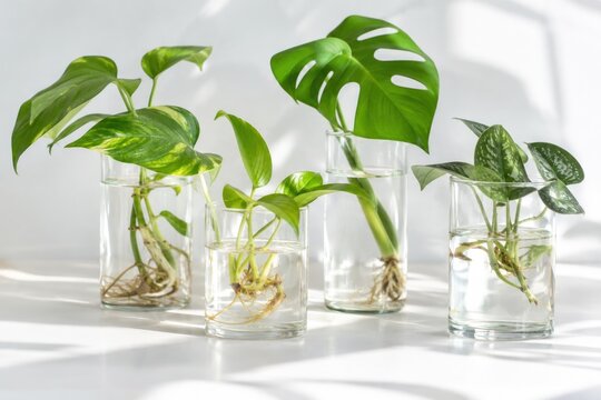 Vibrant houseplants thriving in clear glass jars with water roots, minimalist indoor decor showcasing pothos, monstera, and philodendron greenery for modern home aesthetics