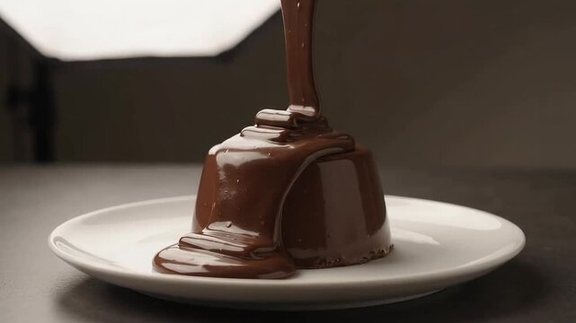 Thick Liquid Chocolate Pouring Over Chocolate Dessert On White Plate