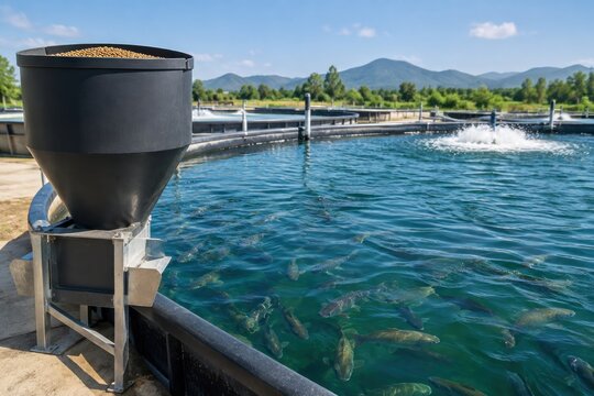 Modern automated fish feed dispenser releasing pellets into crowded aquaculture pond with healthy trout, vibrant blue water, industrial farming facility