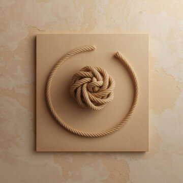 A complex woven rope knot surrounded by a circular rope frame on a square beige stone tile with a textured surface and soft ambient lighting