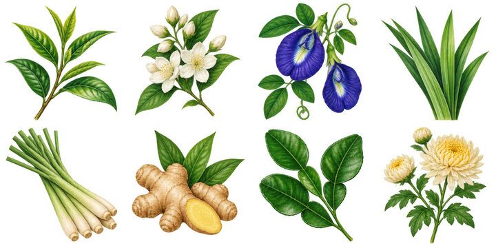Set of 8 Asian herbal tea botanical illustrations