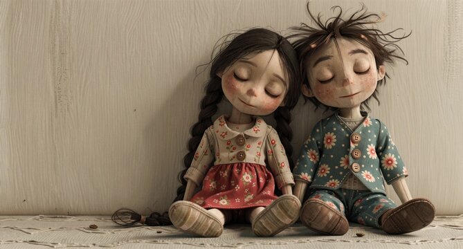 Vintage Style Dolls Sleeping Together Against Textured Wall
