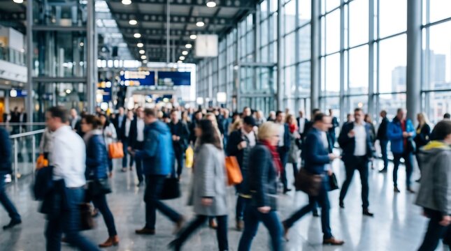 Blurred crowd of people walking through a modern train station concourse with glass architecture