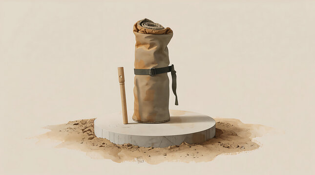 A rolled brown fabric bundle with a dark strap and a small wooden stick standing on a white circular stone platform surrounded by scattered sand