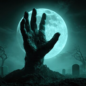 Eerie zombie hand rising from the ground in a spooky graveyard illuminated by a glowing full moon at night with twisted bare trees in the background