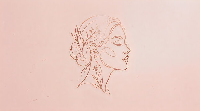 Minimalist continuous line art portrait of a beautiful woman with floral hair elements in soft pink tones