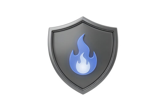 Metallic shield featuring a stylized blue flame symbol in the center isolated on a transparent background