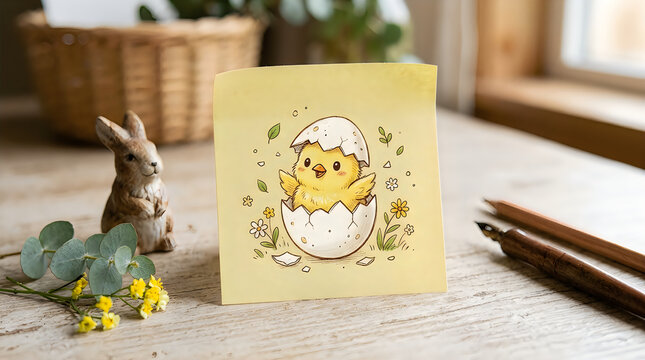 Cute yellow baby chick hatching from an egg shell with spring flowers in a cartoon drawing style illustration