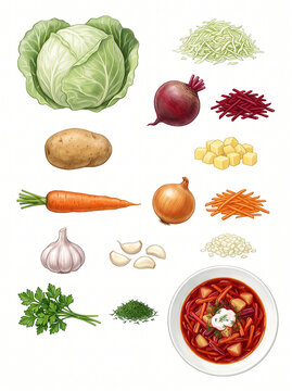 Ukrainian borscht ingredients set and ready served soup bowl isolated on white background. Hand drawn illustration of head of cabbage, beetroot, potato, carrot, onion, garlic, parsley, dill, sour crea