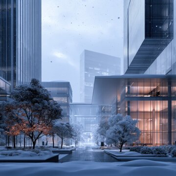 Snow-covered trees and modern glass office buildings glowing warmly in a serene urban winter landscape at dusk with falling snowflakes