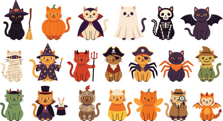 Obraz premium A collection of cute cartoon cats dressed in various creative costumes for a fun halloween party celebration