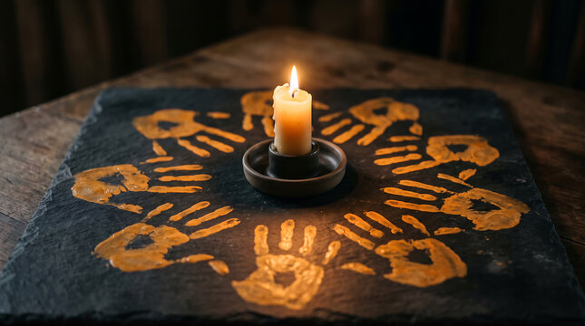 A burning candle surrounded by yellow handprints on a dark stone slab