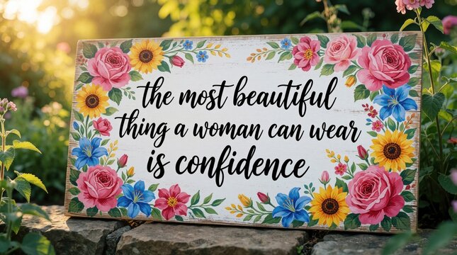 Floral wooden sign with quote The most beautiful thing a woman can wear is confidence placed on stone in garden. Nature, flowers, positive message, self esteem.