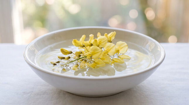 White ceramic bowl filled with water and yellow spring flowers floating inside