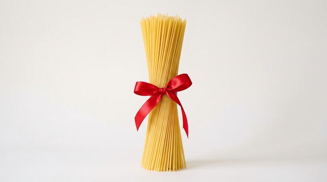 Uncooked raw spaghetti bundle tied with a red ribbon on white background
