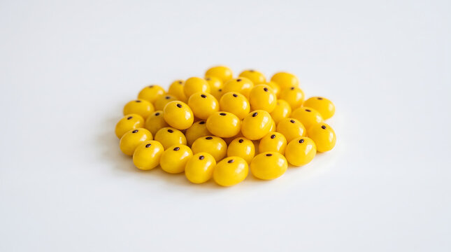 A pile of bright yellow glossy seed beads on white background