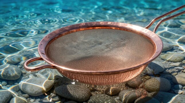 Copper kitchen strainer rests in shallow clear water over river stones. Metal mesh sieve with handle sits under bright sunlight in nature. Calm blue ripples surround gold utensil in outdoor setting.