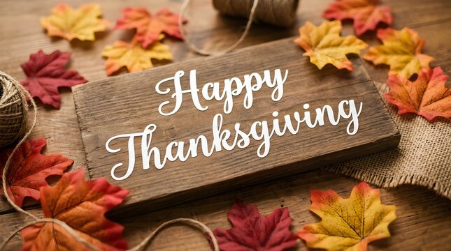 A rustic wooden sign with white text reading happy thanksgiving surrounded by colorful autumn leaves on a textured brown wooden background for holiday celebration