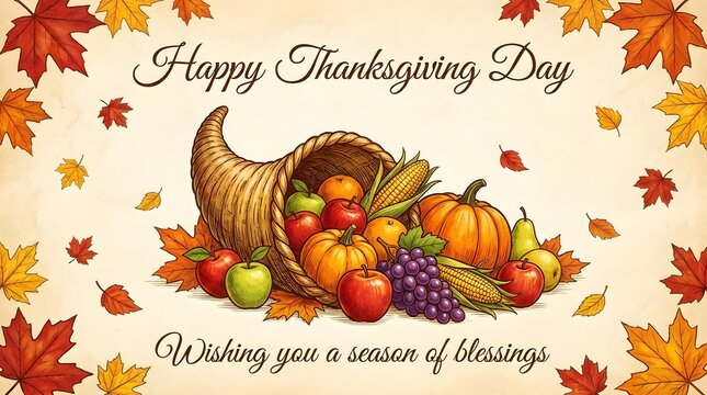 A festive thanksgiving greeting card featuring a traditional cornucopia filled with fresh autumn fruits and vegetables surrounded by colorful falling fall maple leaves