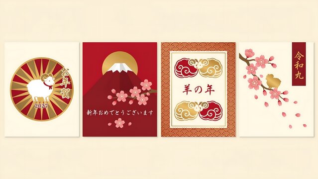 A set of four Japanese New Year greeting cards featuring ram illustrations, cherry blossoms, and Mount Fuji.
