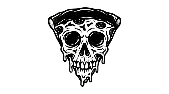 Pizza slice skull illustration, black and white graphic art