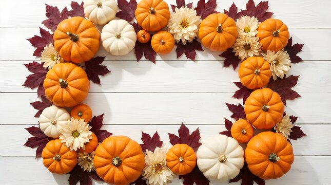 A beautiful festive thanksgiving frame made of orange and white pumpkins with dark autumn leaves arranged on a rustic white wooden background surface