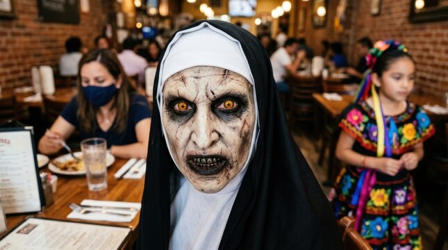 A person wearing a terrifying nun mask and habit sitting at a restaurant table with other diners in the background