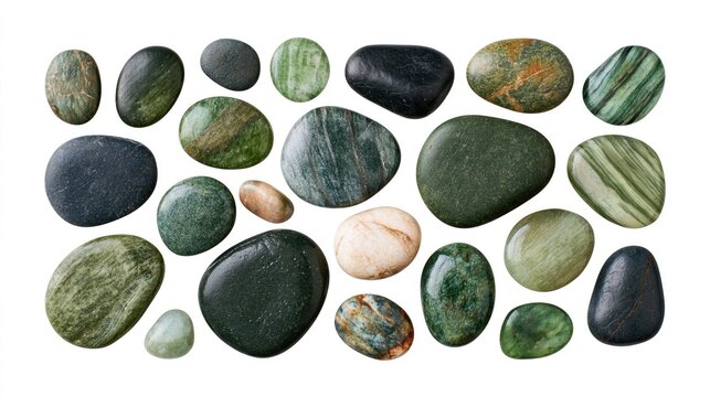 Growth concept with smooth polished green and black river pebbles arranged on white background