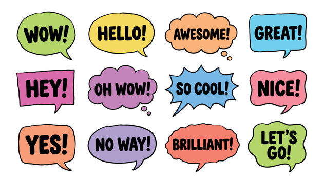 A collection of colorful hand drawn speech bubbles featuring positive expressions in a fun comic style vector illustration set for creative design projects