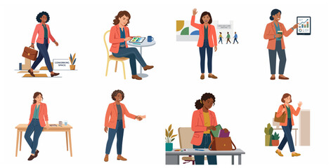 Fototapeta premium Diverse Professional Business Women Character Set in Various Office Poses and Workplace Activities Flat Vector Illustration