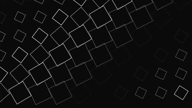 Abstract monochrome background featuring floating geometric square outlines arranged in a dynamic