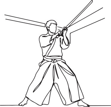 One single line drawing of young energetic man wearing kimono exercise aikido technique with wood sword in sport hall vector illustration. Healthy lifestyle sport concept. one line art icon drawing