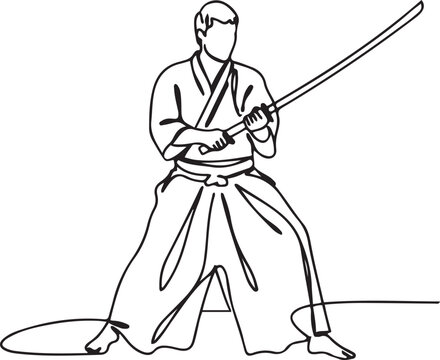 One single line drawing of young energetic man wearing kimono exercise aikido technique with wood sword in sport hall vector illustration. Healthy lifestyle sport concept. one line art icon drawing
