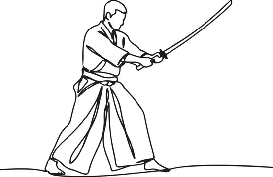 One single line drawing of young energetic man wearing kimono exercise aikido technique with wood sword in sport hall vector illustration. Healthy lifestyle sport concept. one line art icon drawing