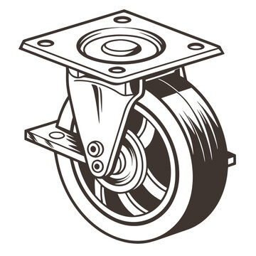 Detailed black and white of a heavy duty industrial swivel caster wheel featuring a square mounting plate