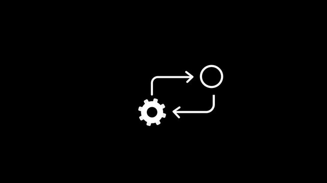 Minimalist white gear icon animating a continuous process cycle on a solid black background animation