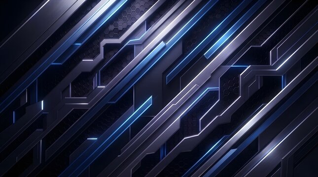Futuristic abstract technology background with diagonal metallic plates and glowing blue circuit lines
