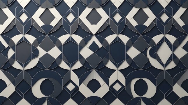 Abstract geometric pattern with overlapping dark blue and cream shapes in a modern seamless decorative background design