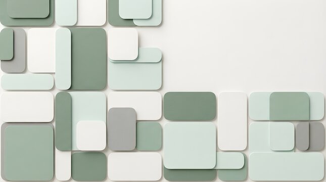 Abstract geometric background with overlapping rectangular shapes in shades of sage green, grey and white for modern design