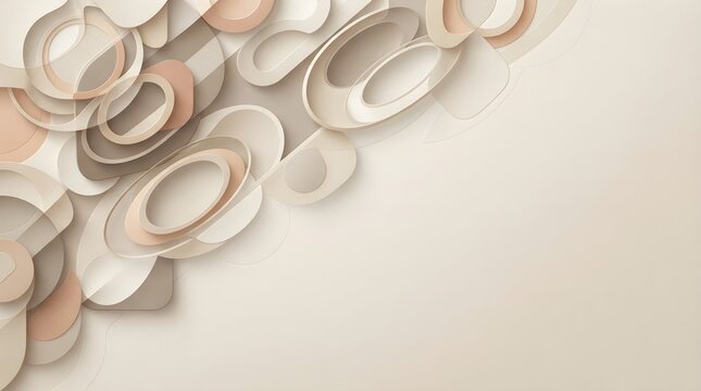 Abstract background with overlapping smooth geometric shapes in soft beige and brown neutral tones with a clean modern layout